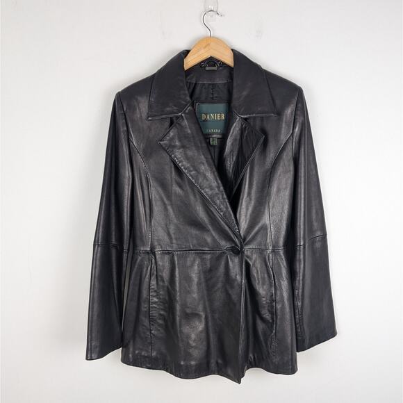 Danier‎ Canada Women's Black 90s Y2K Genuine Leather Jacket Size 10 - Picture 1 of 8